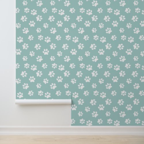   Cute Funny Sage Green  White Cat Dog Paw Prints Wallpaper