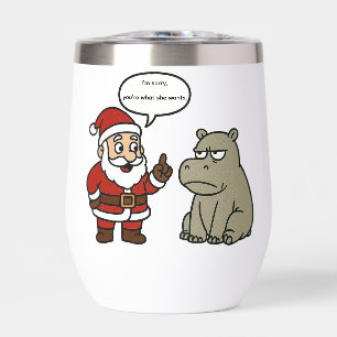 cute, funny Santa and Hippo Christmas Thermal Wine Tumbler