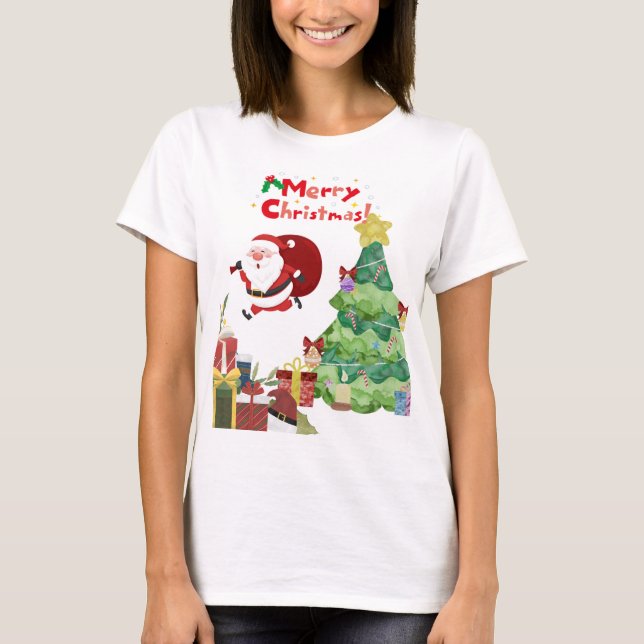 Cute & Funny Santa & Christmas Tree T-Shirt (Front)