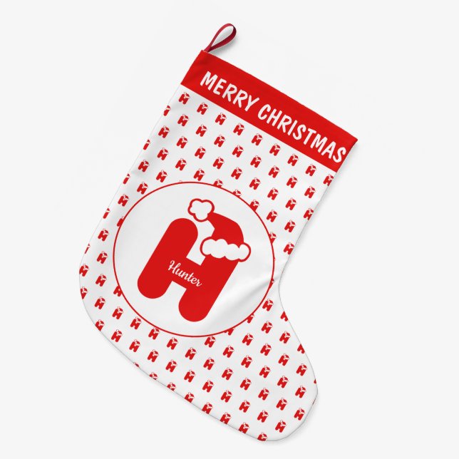 Cute Funny Santa Claus Hat Pattern Monogrammed H Large Christmas Stocking (Front (Hanging))