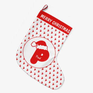 Cute Funny Santa Claus Hat Pattern Monogrammed P Large Christmas Stocking