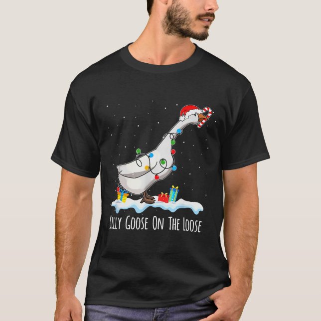 Cute Funny Santa Duck Silly Goose On The Loose Chr T-Shirt (Front)