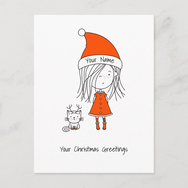 Cute Funny Santa Girl Cat Add Your Text Postcard (Front)