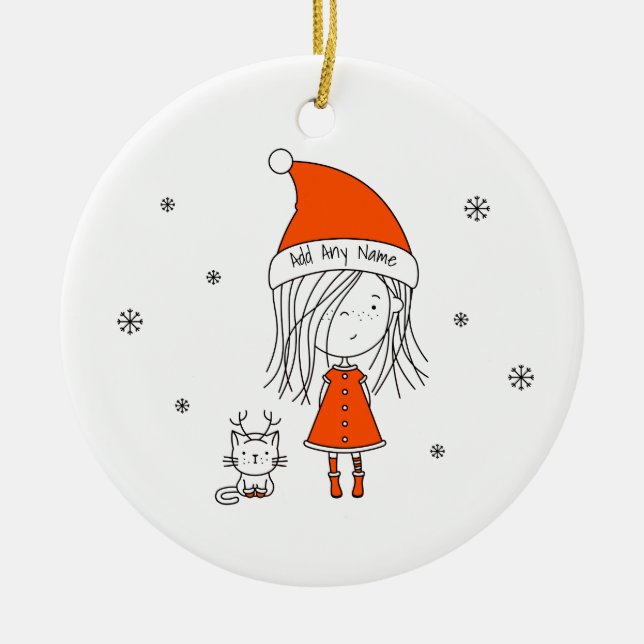 Cute Funny Santa Girl Cat Cartoon Add Name Ceramic Ornament (Front)
