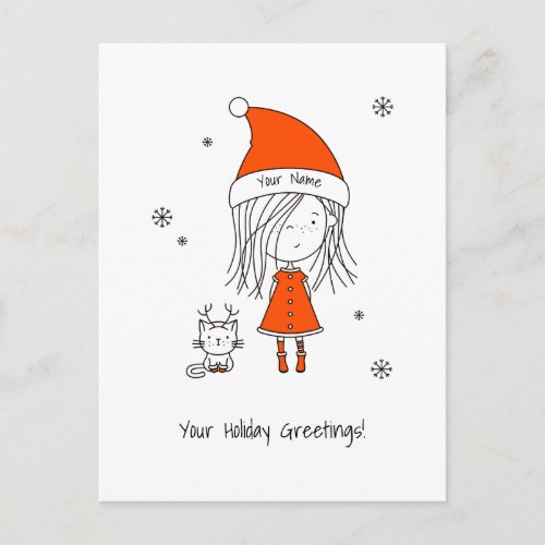 Cute Funny Santa Girl Cat Name Christmas Cartoon Holiday Postcard