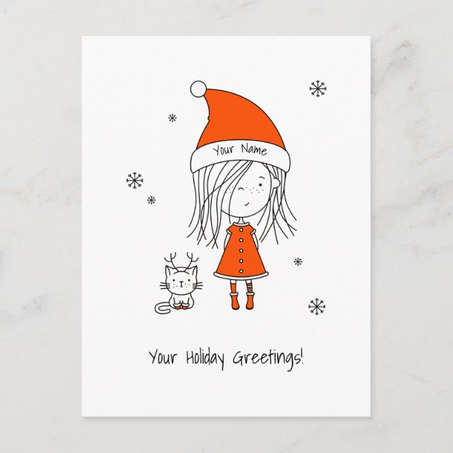 Cute Funny Santa Girl Cat Name Christmas Cartoon Holiday Postcard (Front)
