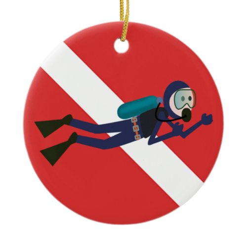 CUTE FUNNY SCUBA DIVER WITH  RED DIVING FLAG GIFT CERAMIC ORNAMENT