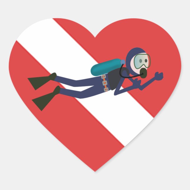 CUTE FUNNY SCUBA DIVER WITH  RED DIVING FLAG GIFT HEART STICKER (Front)