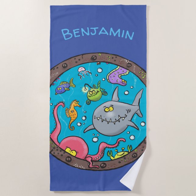 Cute funny sea creatures cartoon illustration beach towel (Front)