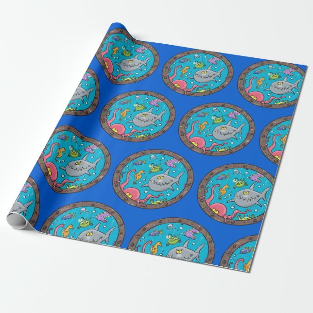 Cute funny sea creatures cartoon illustration wrapping paper (Unrolled)