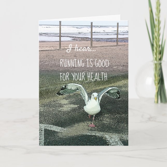 Cute Funny Seagull Running Is Good For Your Health Card (Front)