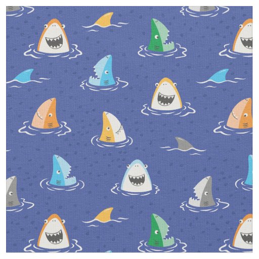 Cute funny sharks and fins on blue fabric