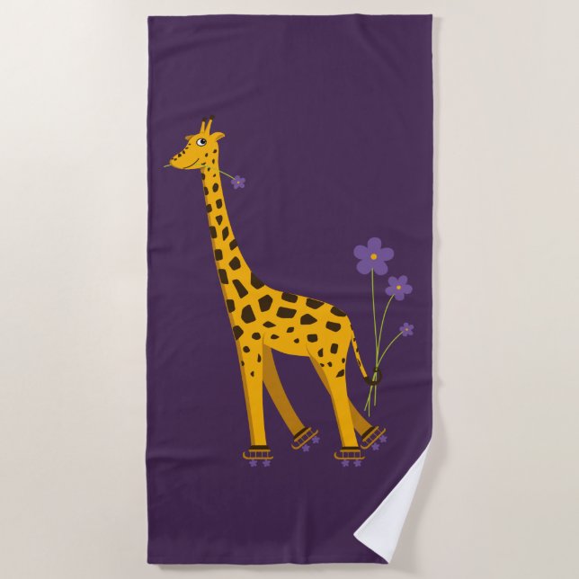 Cute Funny Skating Cartoon Giraffe Beach Towel (Front)
