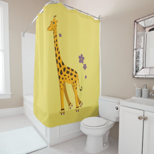Cute Funny Skating Cartoon Giraffe Shower Curtain (In Situ)