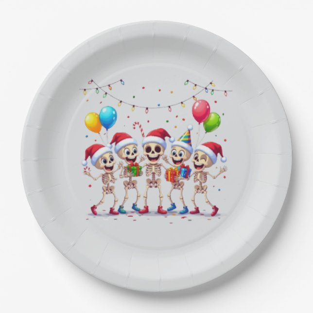 Cute Funny Skeletons Christmas & New Year Celebrat Paper Plates (Front)