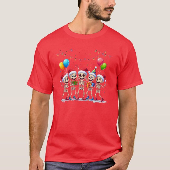 Cute Funny Skeletons Christmas & New Year Celebrat T-Shirt (Front)