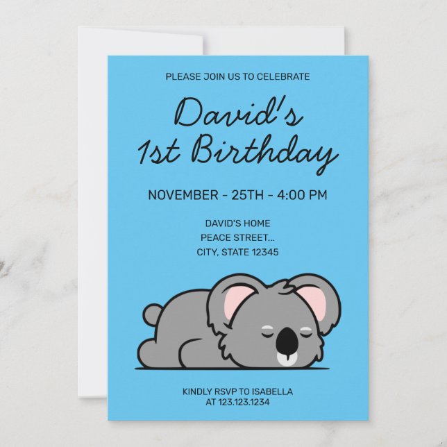 Cute Funny Sleeping Koala 1st Birthday Invitation (Front)