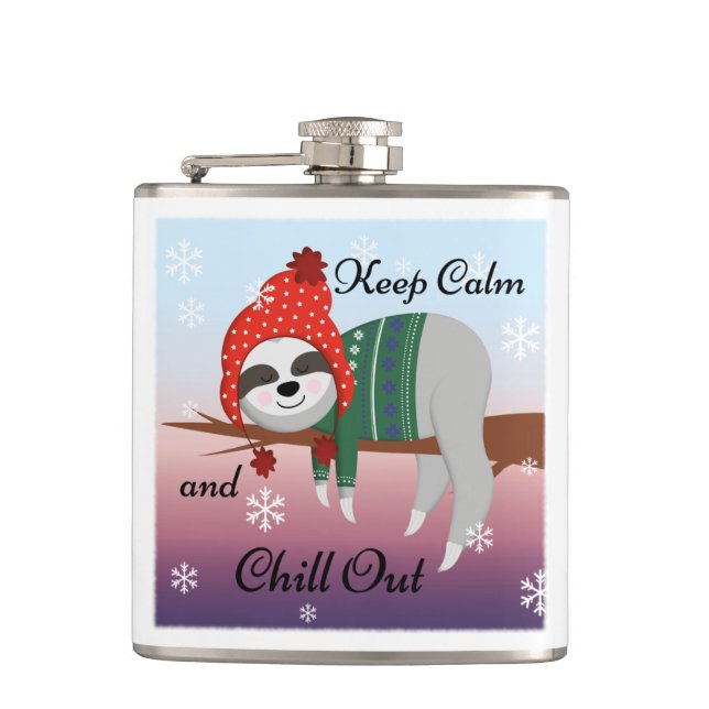 Cute Funny Sloth in Winter Hat & Scarf Cartoon Flask (Front)