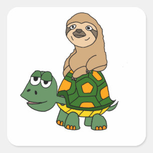 Cute Funny Sloth on Turtle Cartoon Square Sticker