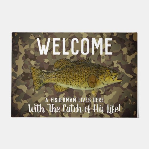 Cute Funny Smallmouth Bass Welcome Fishing Camo Doormat