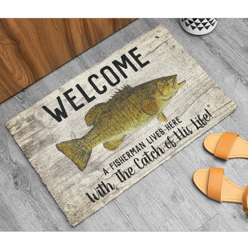 Cute Funny Smallmouth Bass Welcome Fishing Quote Doormat
