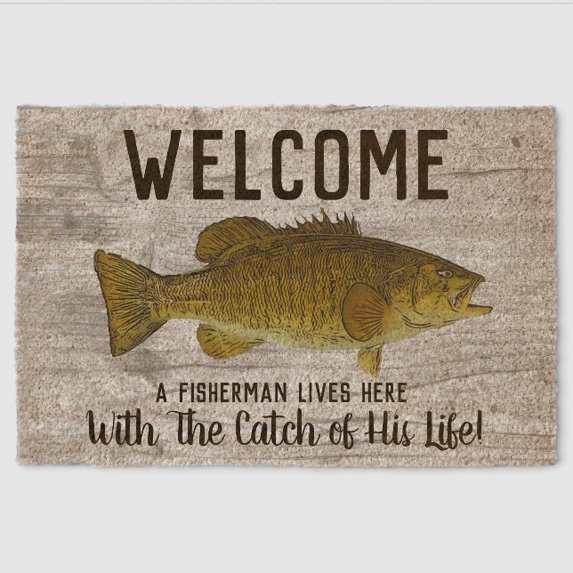 Cute Funny Smallmouth Bass Welcome Fishing Quote Fiber Doormat (Front)