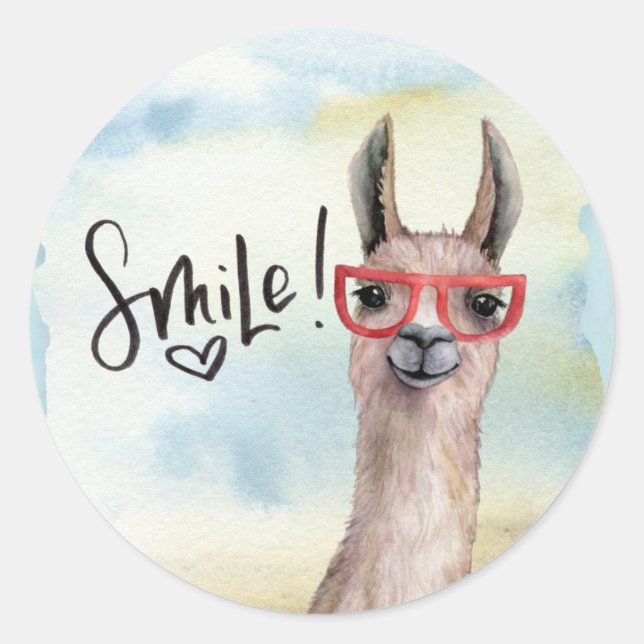 Cute Funny Smile Llama Classic Round Sticker (Front)
