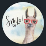 Cute Funny Smile Llama Classic Round Sticker<br><div class="desc">Put a smile on someones face when they see this cute and adorable llama smile sticker. Fun watercolor artwork. Perfect for attaching to invitations,  save the date cards and more.</div>