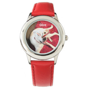 Cute Funny Smiling Happy White Puppy Dog Red Watch