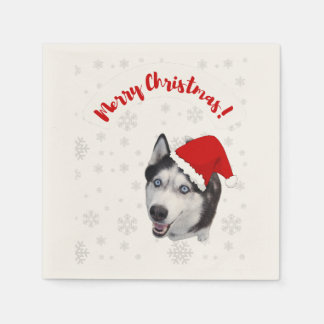 Cute funny smiling Husky in Santa Claus red hat Napkins