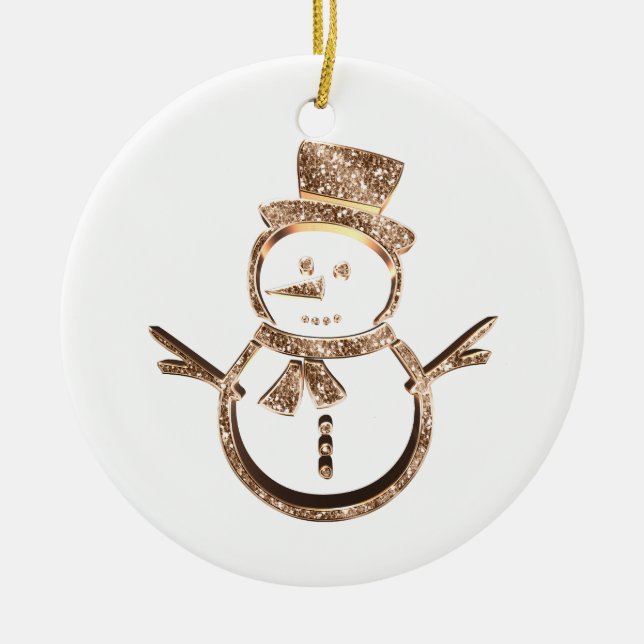 Cute Funny Snowman Elegant Gold and White Ceramic Ornament (Front)