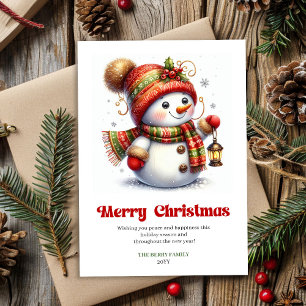 Cute funny snowman red green gold holiday card