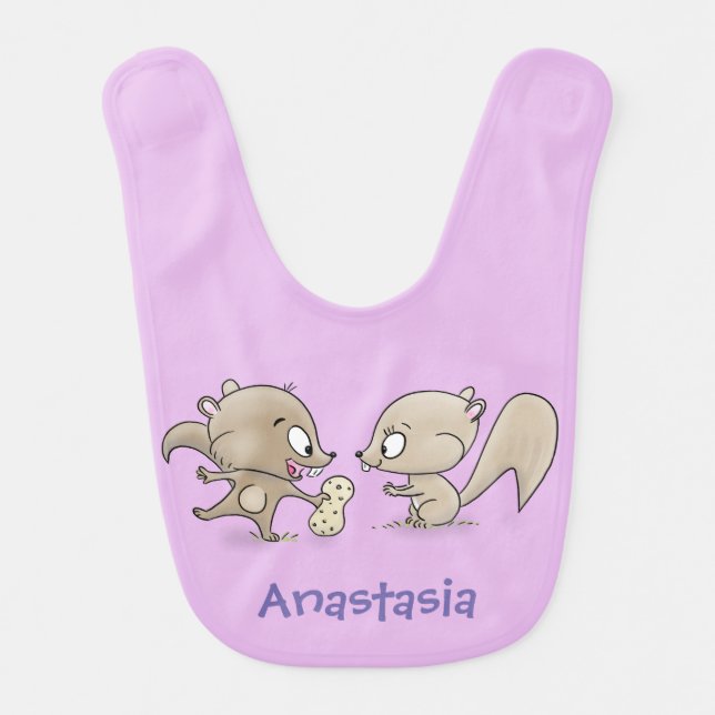 Cute funny squirrels cartoon illustration baby bib (Front)