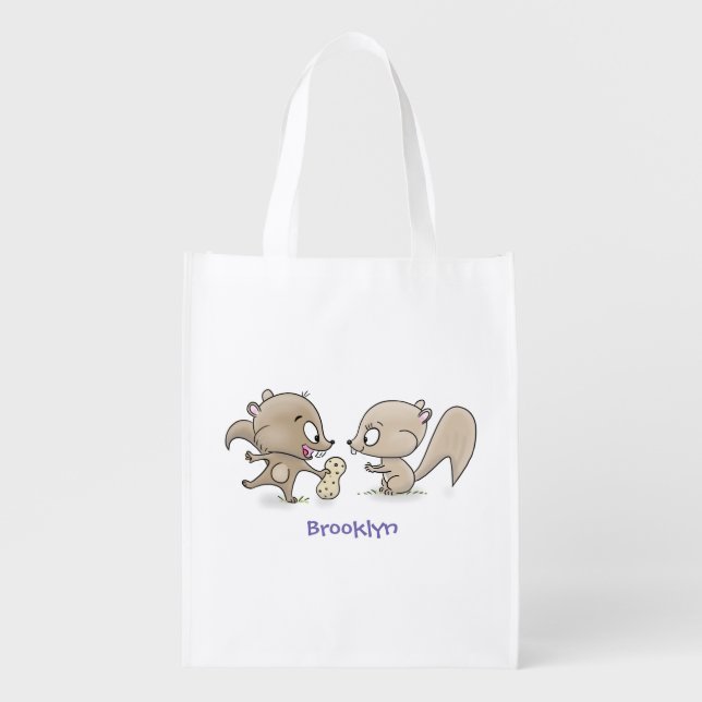 Cute funny squirrels cartoon illustration grocery bag (Front)