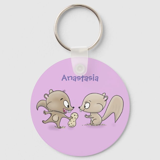 Cute funny squirrels cartoon illustration keychain (Front)