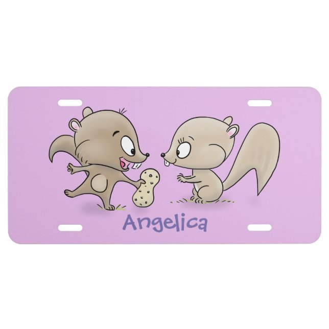 Cute funny squirrels cartoon illustration license plate (Front)