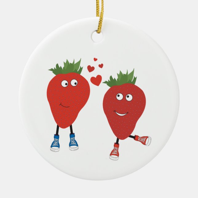 Cute Funny Strawberries In Love Ceramic Ornament (Front)
