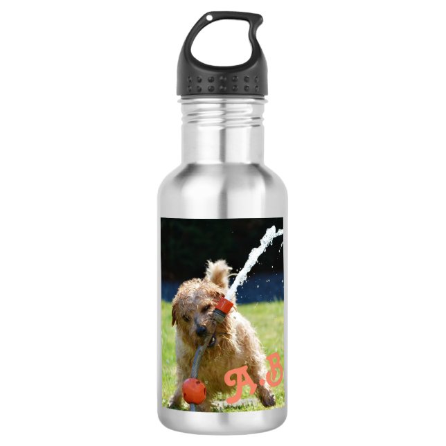 Cute Funny Summer Dog With Hose Personalized Stainless Steel Water Bottle (Front)