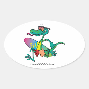 cute funny surfer beach lizard cartoon oval sticker