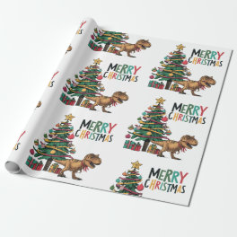 Cute Funny T-rex Dinosaur and Christmas Tree Wrapping Paper