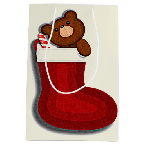 Cute Funny Teddybear in Stocking Christmas Medium Gift Bag