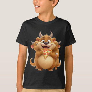 Cute Funny Three-Headed Monster Eating Pizza Kids T-Shirt