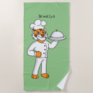 Cute funny tiger chef cartoon illustration beach towel