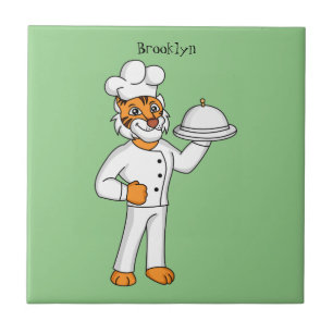 Cute funny tiger chef cartoon illustration ceramic tile