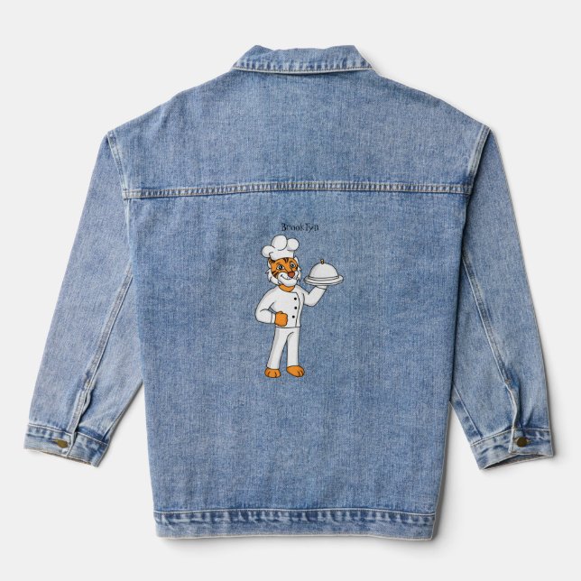 Cute funny tiger chef cartoon illustration  denim jacket (Back)