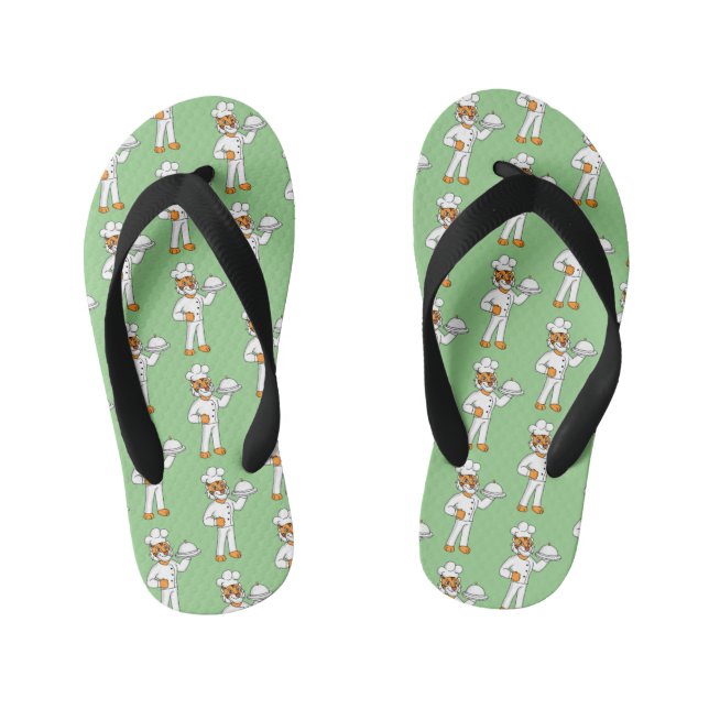 Cute funny tiger chef cartoon illustration kid's flip flops (Footbed)