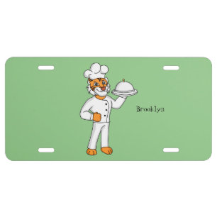 Cute funny tiger chef cartoon illustration license plate