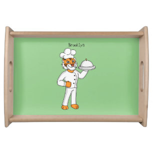 Cute funny tiger chef cartoon illustration serving tray