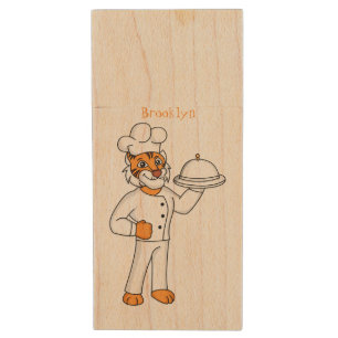 Cute funny tiger chef cartoon illustration  wood flash drive