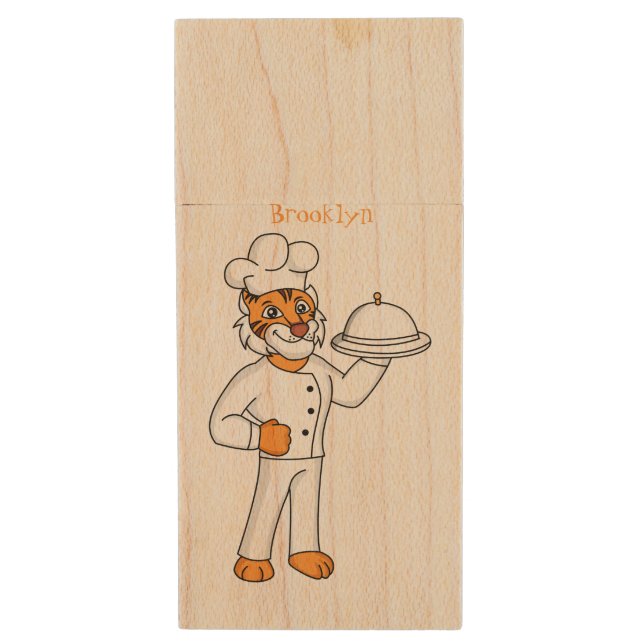 Cute funny tiger chef cartoon illustration  wood flash drive (Front Vertical)